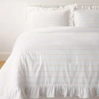 California King Yarn Dye Stripe With Ruffle Comforter & Sham Set White/khaki - Threshold™ Designed With Studio Mcgee: Cotton Textile