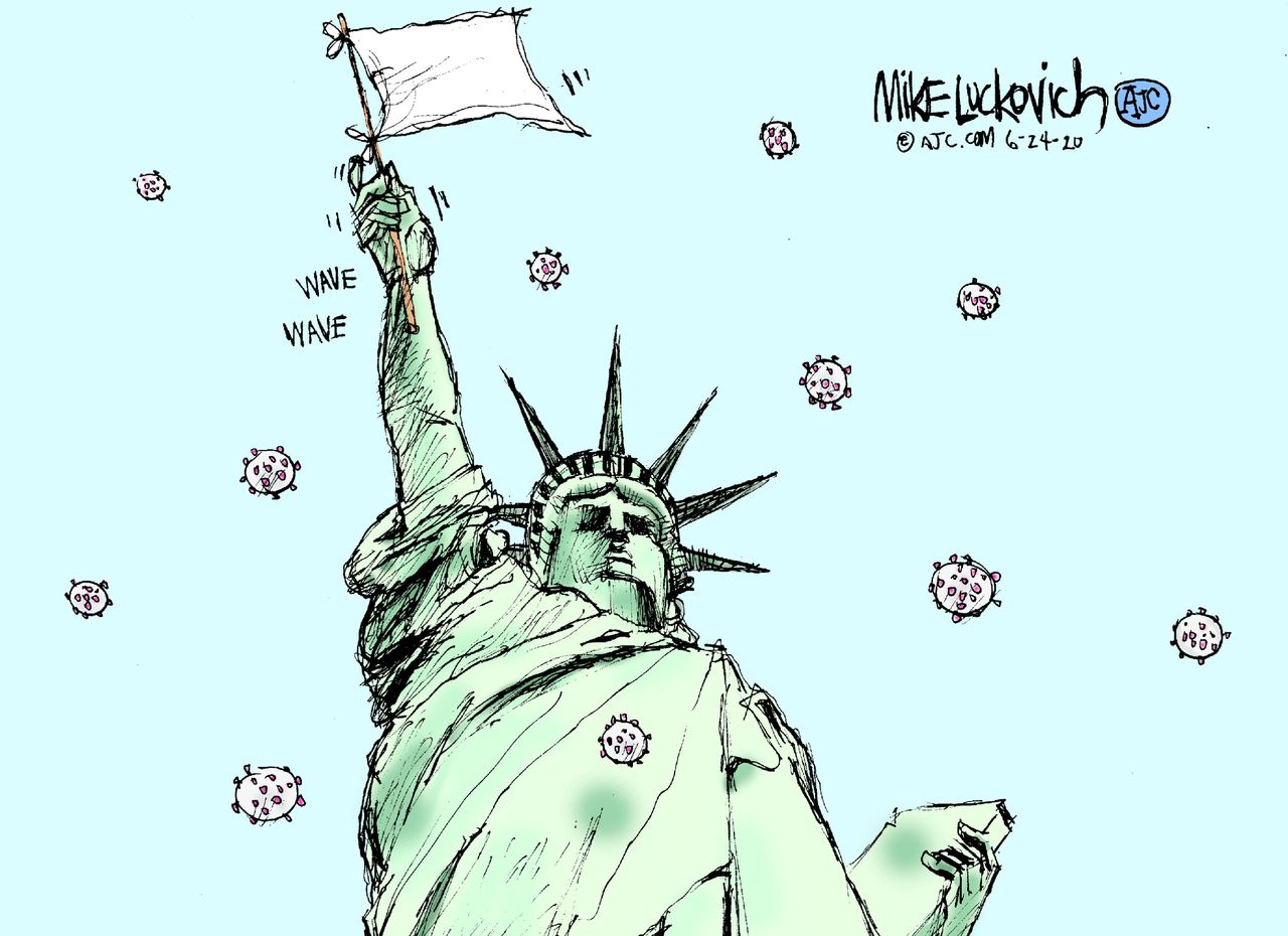 Editorial Cartoon U.S. Statue of Liberty coronavirus surrender