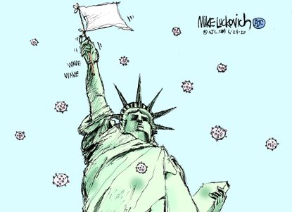 Editorial Cartoon U.S. Statue of Liberty coronavirus surrender