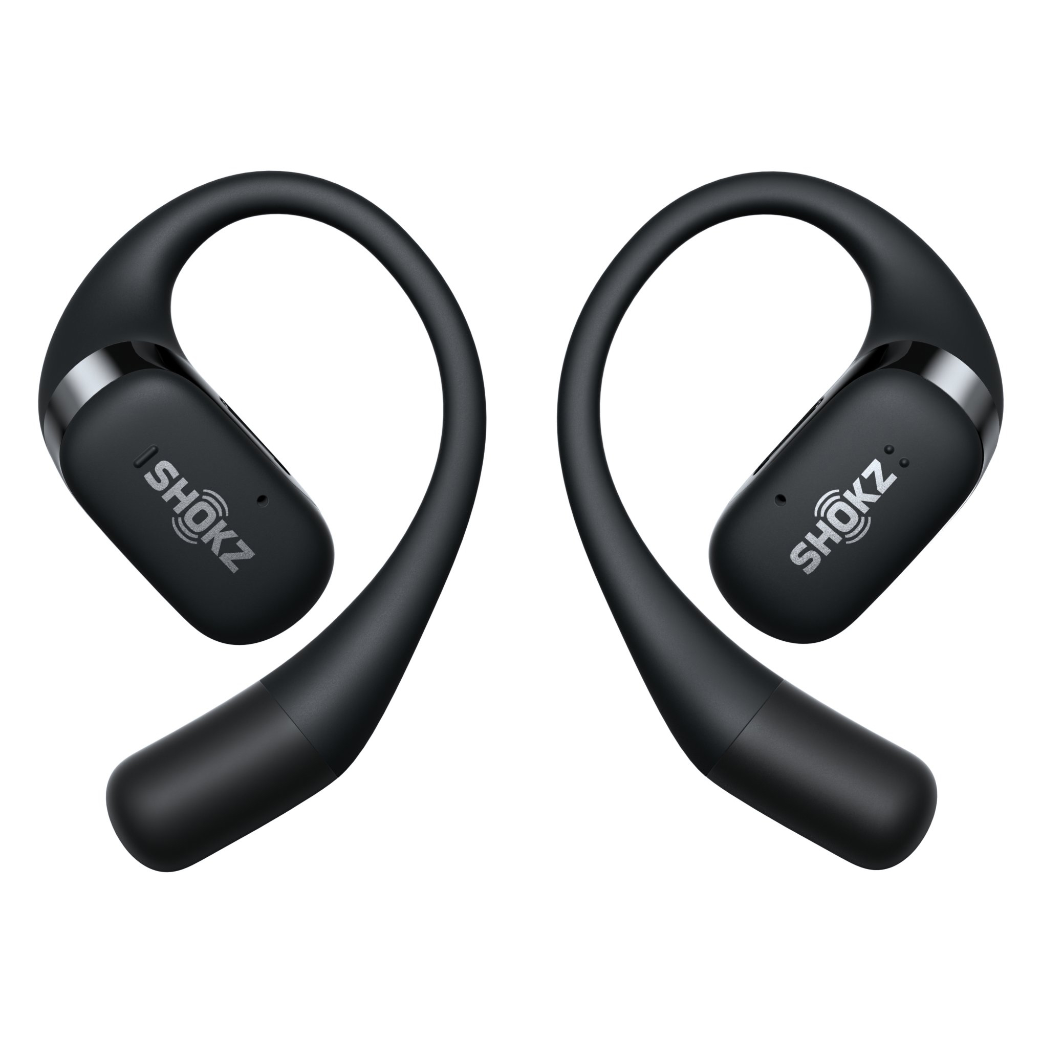 Shokz OpenFit earbuds in black render.