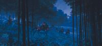 Digital art showing riders in a dark forest