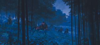 Digital art showing riders in a dark forest