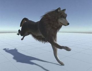 A 3D model of a wolf running against a sky