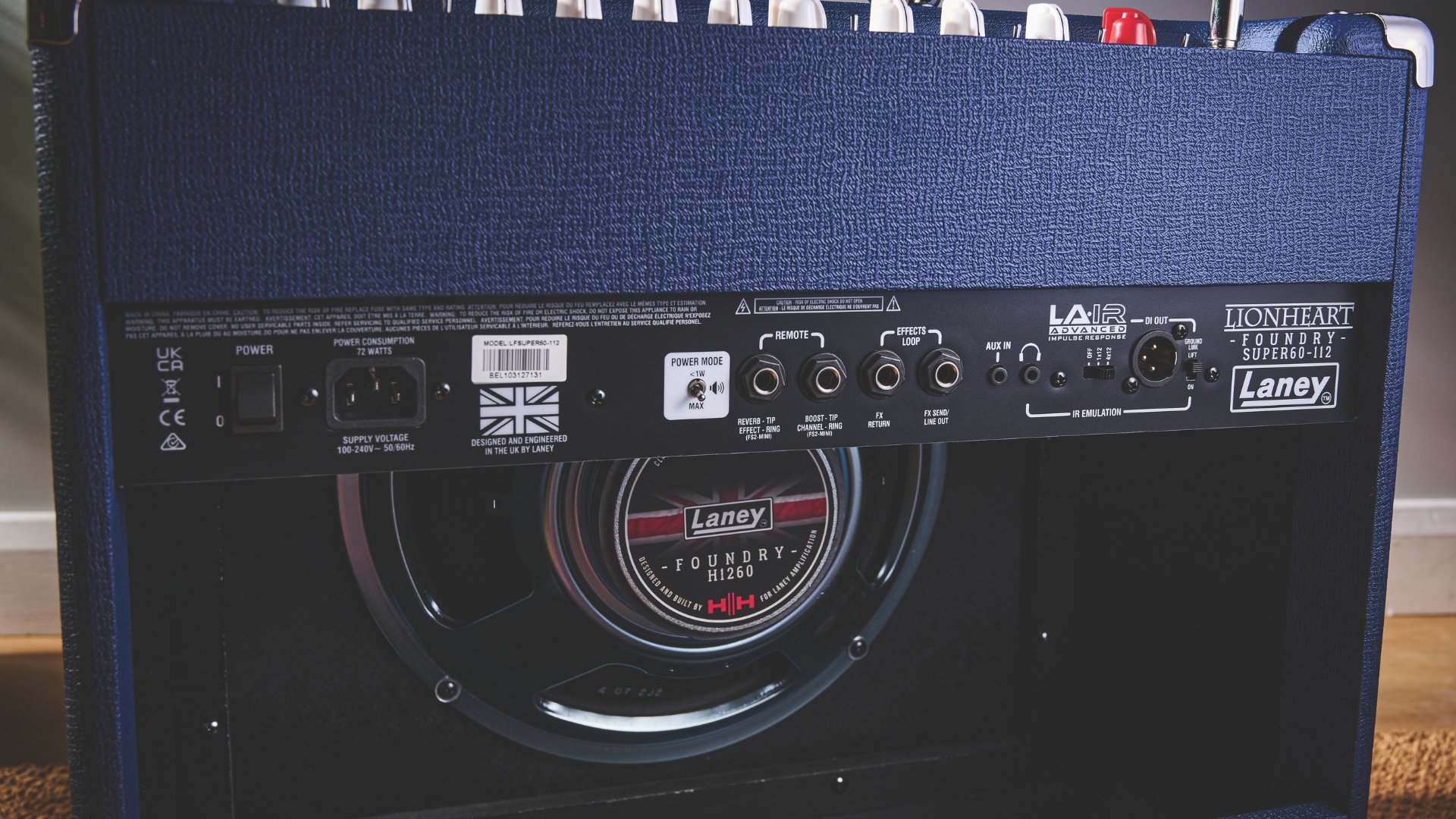 The back of a Laney combo amp, showing speaker and additional connectivity