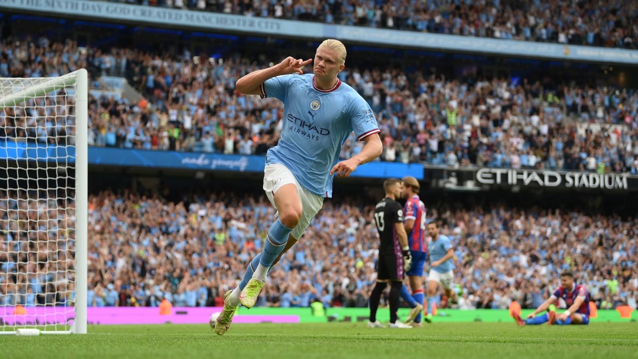 Man City striker Erling Haaland celebrates his hat-trick against Crystal Palace  