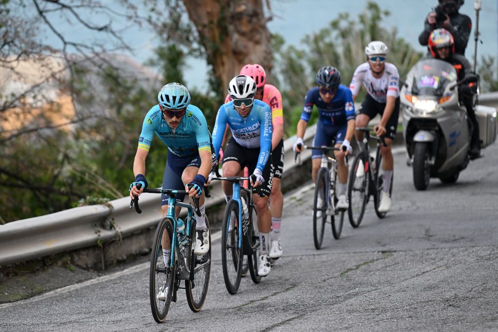 LAIGUEGLIA ITALY FEBRUARY 28 LR Christian Scaroni of Italy and Team AstanaQazaqstan Andrea Vendrame of Italy and Team DecathlonAg2R La Mondiale Darren Rafferty of Ireland and Team Ef Education Easypost Lenny Martinez of France and Team GroupamaFDJ and Jan Christen of Switzerland and Team UAE Emirates compete in the breakaway during the 61st Trofeo Laigueglia 2024 a 202km one day race from Laiguegli to Laigueglia on February 28 2024 in Laigueglia Italy Photo by Dario BelingheriGetty Images