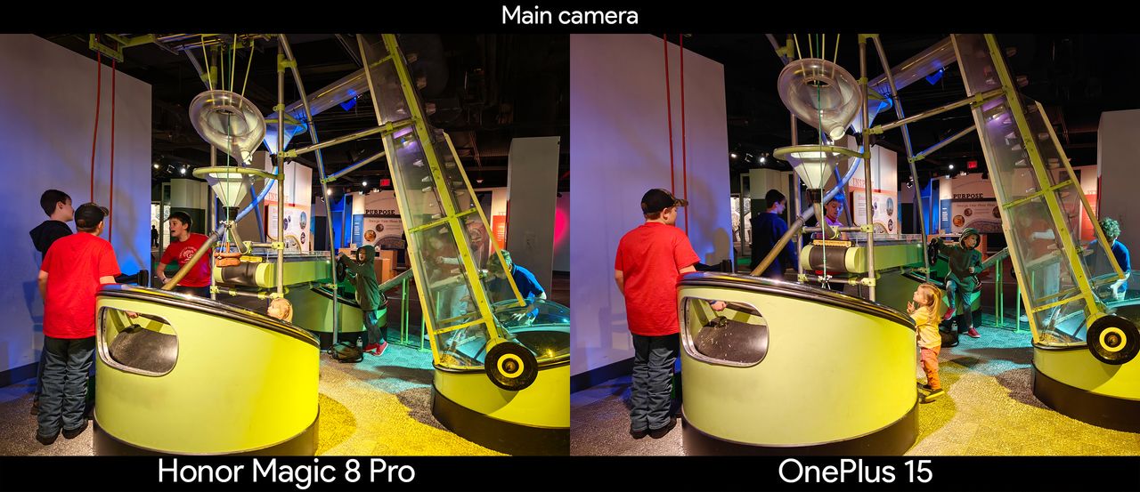 Comparing main camera samples between the Honor Magic 8 Pro and OnePlus 15 in low light