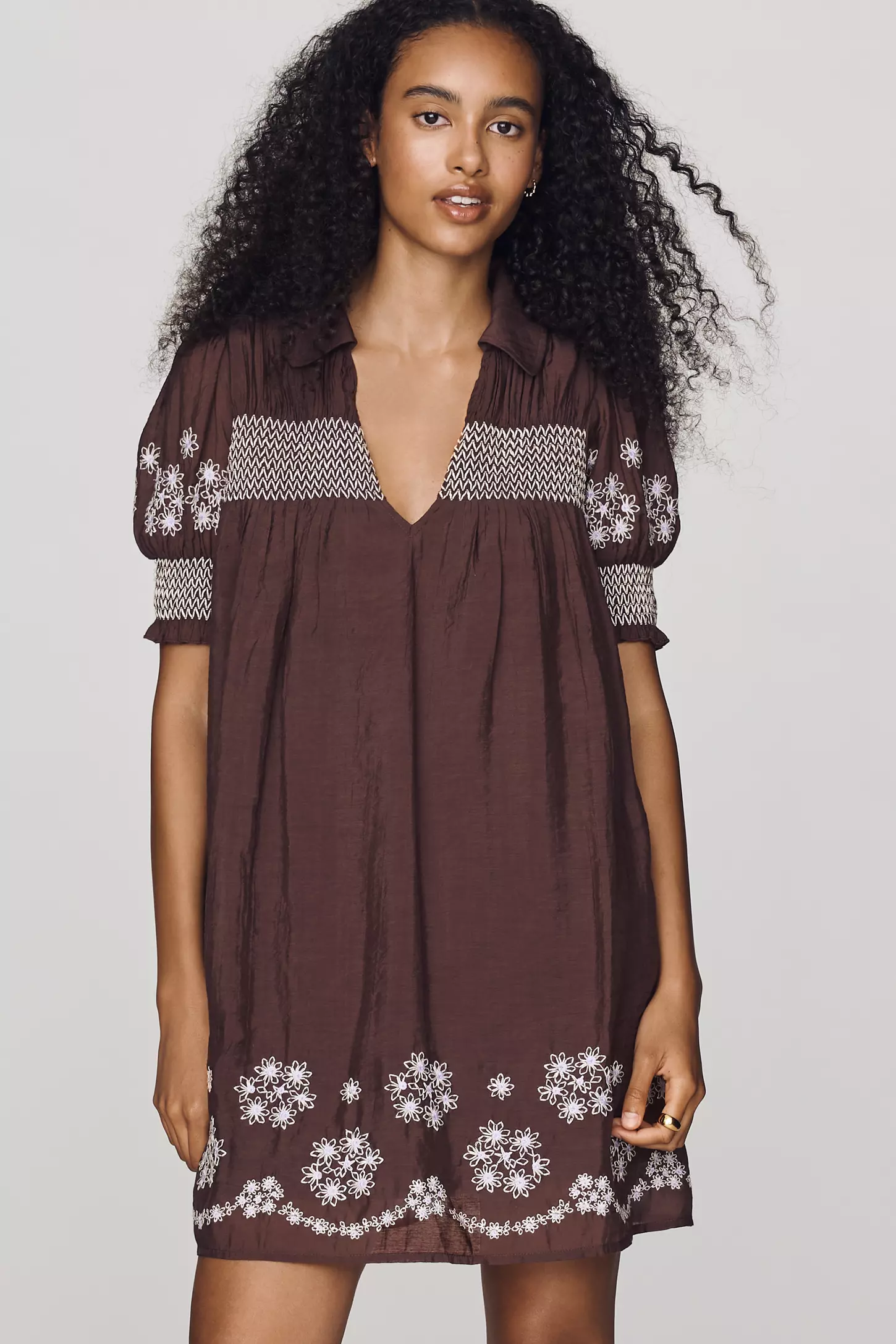 A model wearing a brown Anthropologie embroidered mini dress.