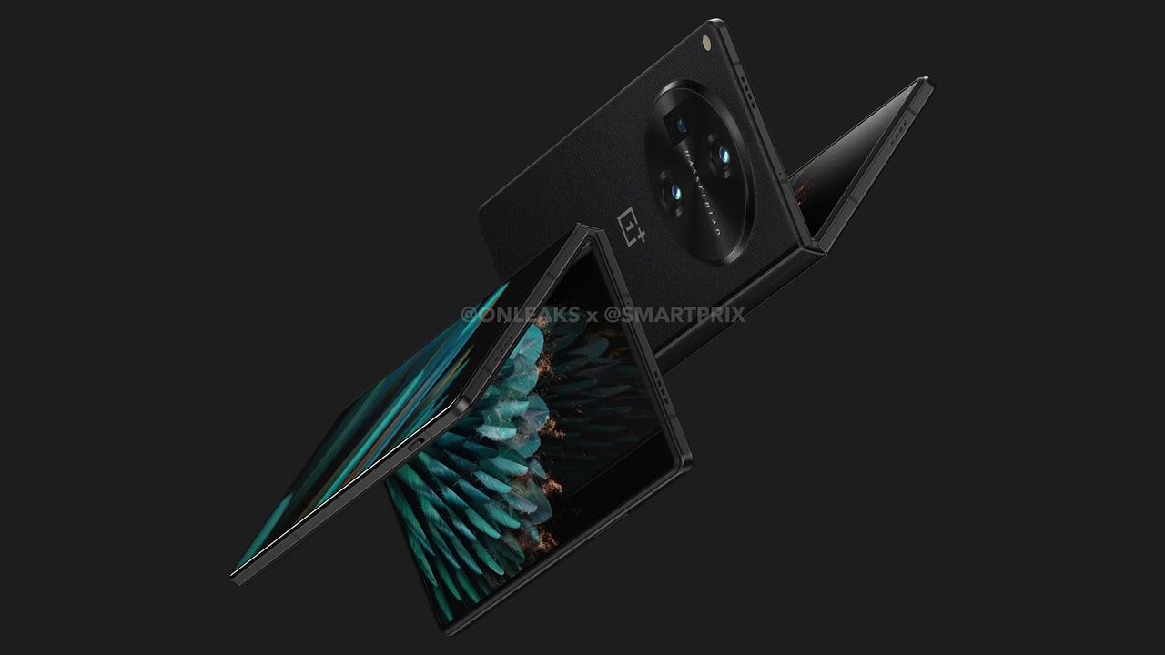 OnePlus Fold render &ndash; half-open. Source: OnLeaks ✕ Smartprix