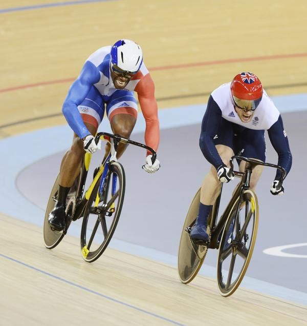 Jason Kenny (Great Britain) outsprints Gregory Bauge (France) in the gold medal matchup