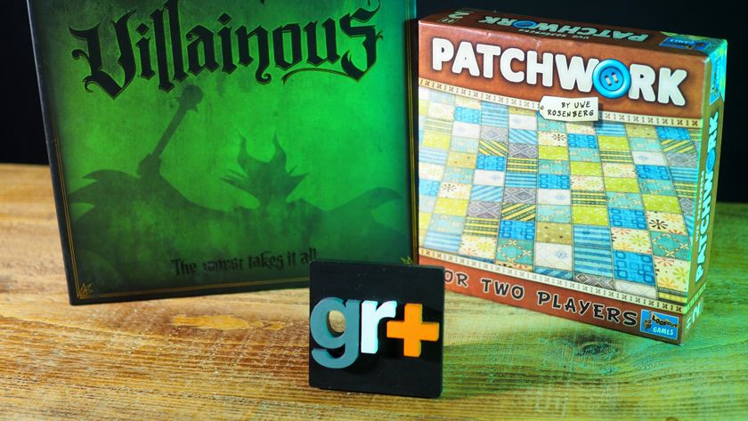 Disney Villainous and Patchwork boxes on a wooden table against a black background, with a GamesRadar+ logo standing in front of them