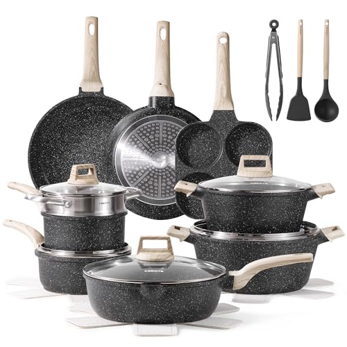 Carote 21pcs Pots and Pans Set Nonstick, Cookware Set Black Granite Induction Kitchen Cooking Set W/frying Pans & Saucepans(pfos, Pfoa Free)