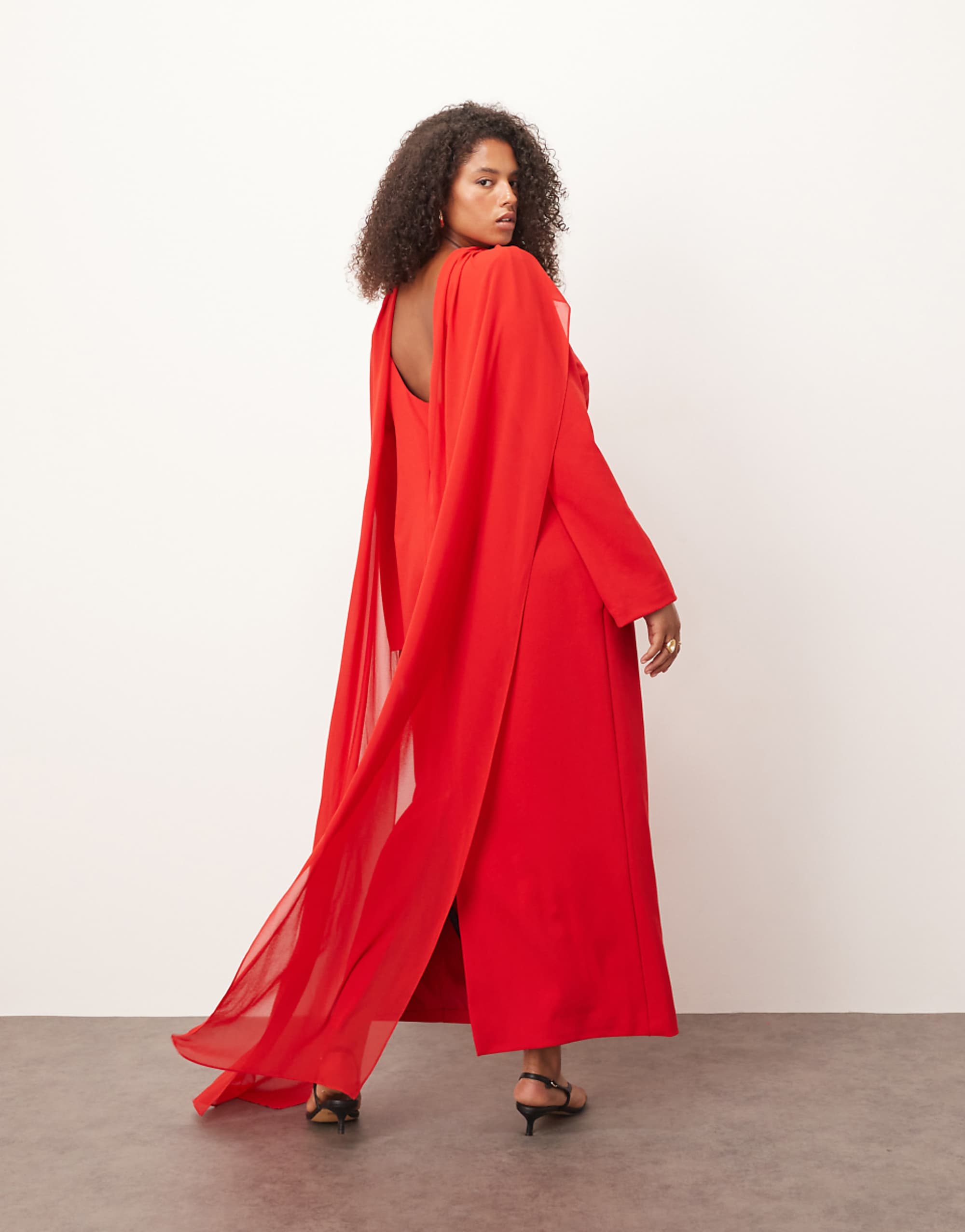 Arrange Curve Structured Crepe Long Sleeve Maxi Dress With Chiffon Overlay in Red