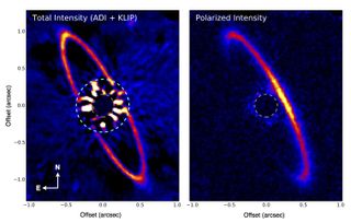 Gemini Planet Imager photo of the circumstellar disc around the star HR 4796A. These observations reveal a complex pattern of variations in brightness and polarization around the disc.