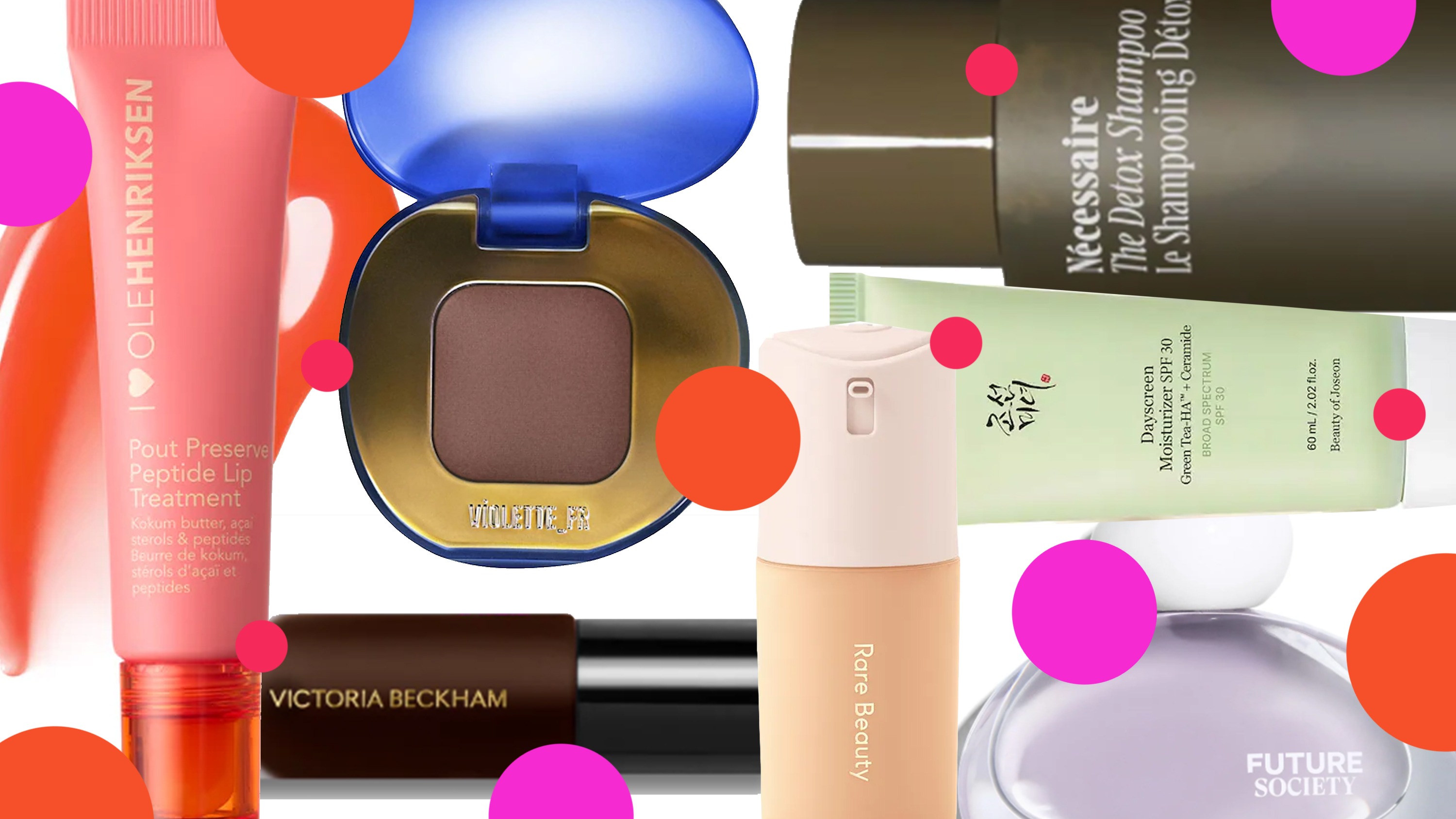 collage of olehenriksen pour preserve peptide lip treatment, violette_fr plume eyeshadow, necessaire detox shampoo, beauty of joseon dayscreen moisturizer, rare beauty matte foundation, victoria beckham beauty colour wash, and future society cloud reverie perfume on white background with pink and orange polka dots 