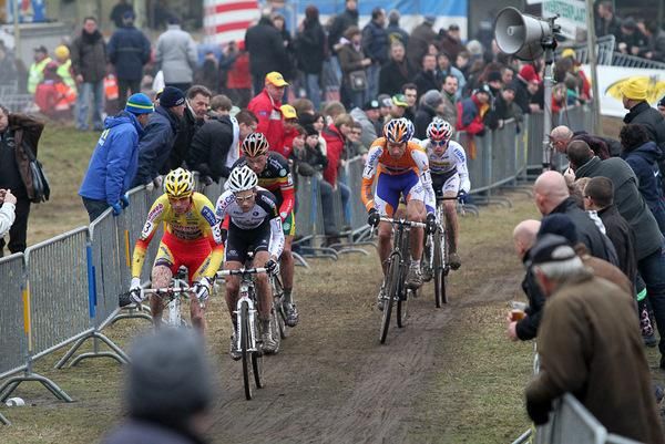 The leaders battle it out late in the race.