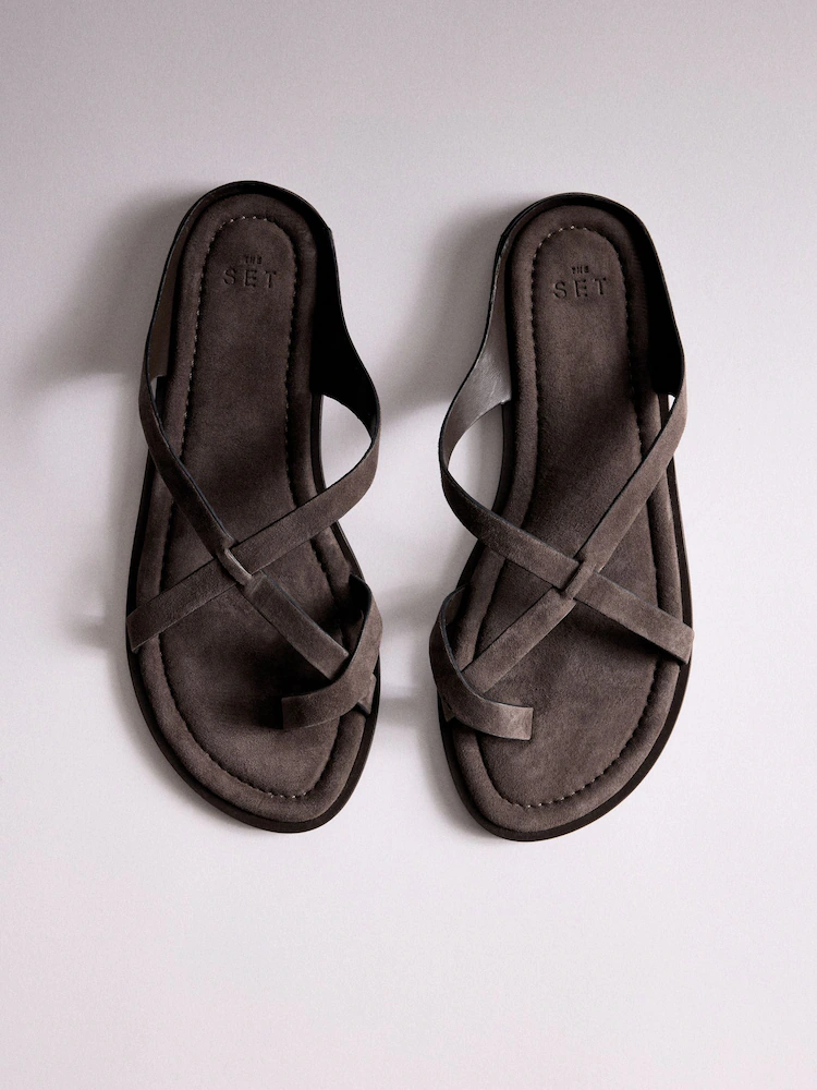 Next, The Set Toe Loop Strappy Sandals Chocolate Brown Suede