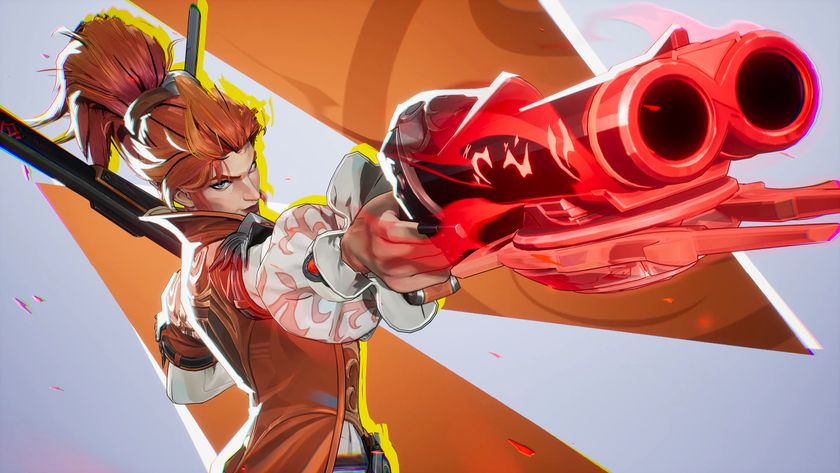 Marvel Rivals: A close-up of Elsa Bloodstone aiming her glowing-red shotgun at the camera.