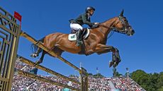 Yuri Mansur of Team Brazil, on Miss Blue, during the Jumping Individual Qualifier at the Ch&acirc;teau de Versailles during the 2024 Paris Summer Olympic Games.