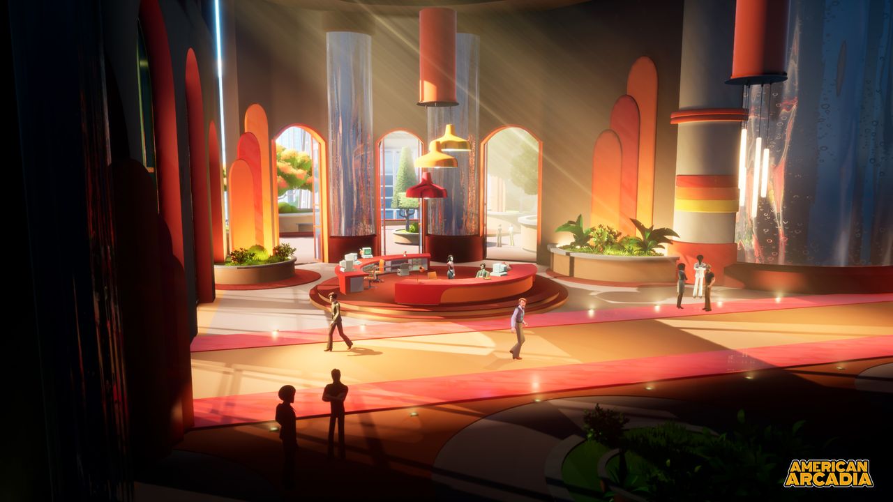 Screenshot image from American Arcadia depicting a retro-futuristic 1970s world