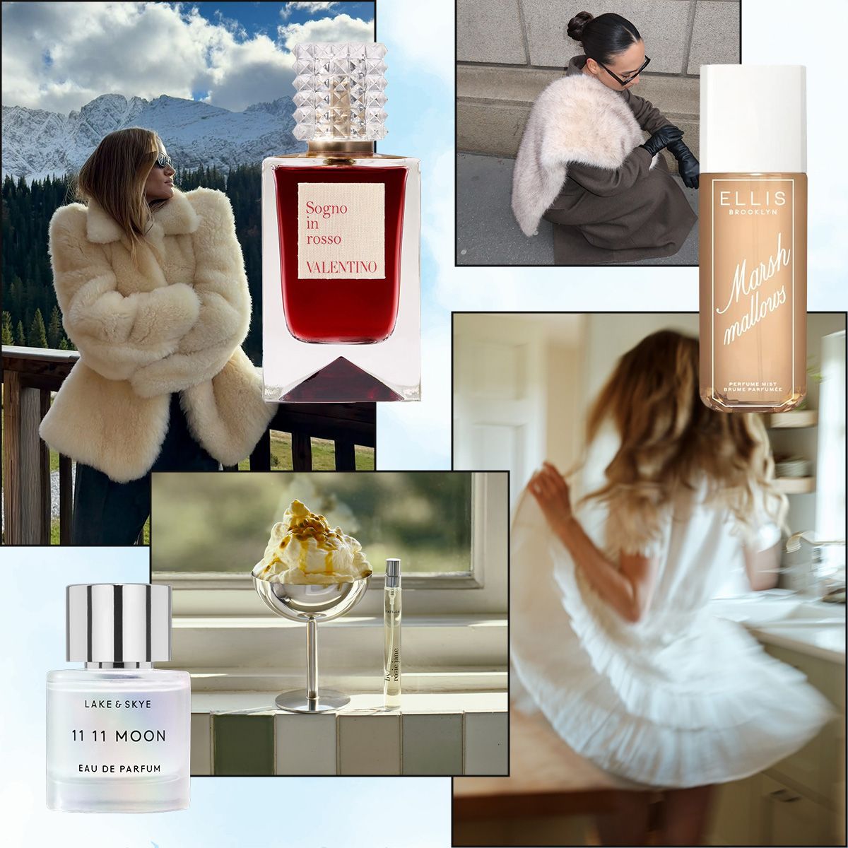 Photo collage of fluffy fragrances with women wearing soft, cozy clothing 