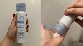 Split image of hand holding up Billie Whipped Shaving Cream - Ultra Gentle and hand squeezing shave cream into palm against white wall