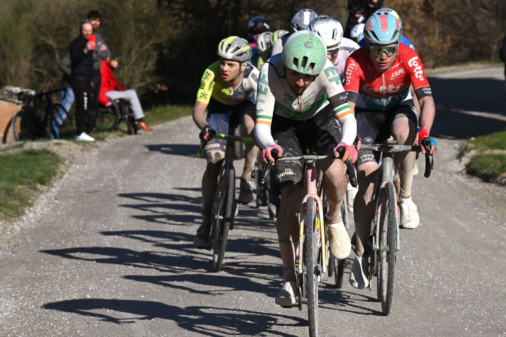 SIENA ITALY MARCH 02 LR Ben Healy of Ireland and Team EF Education EasyPost and Lennert Van Eetvelt of Belgium and Team Lotto Dstny compete in the chase group during the 18th Strade Bianche 2024 Mens Elite a 215km one day race from Siena to Siena 320m UCIWT on March 02 2024 in Siena Italy Photo by Tim de WaeleGetty Images