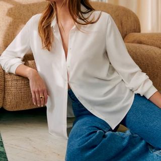 Sezane white ann shire on model paired with jeans