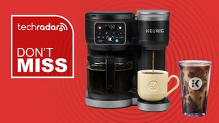 Keurig coffee maker on red background with white text reading 'TechRadar don't miss'