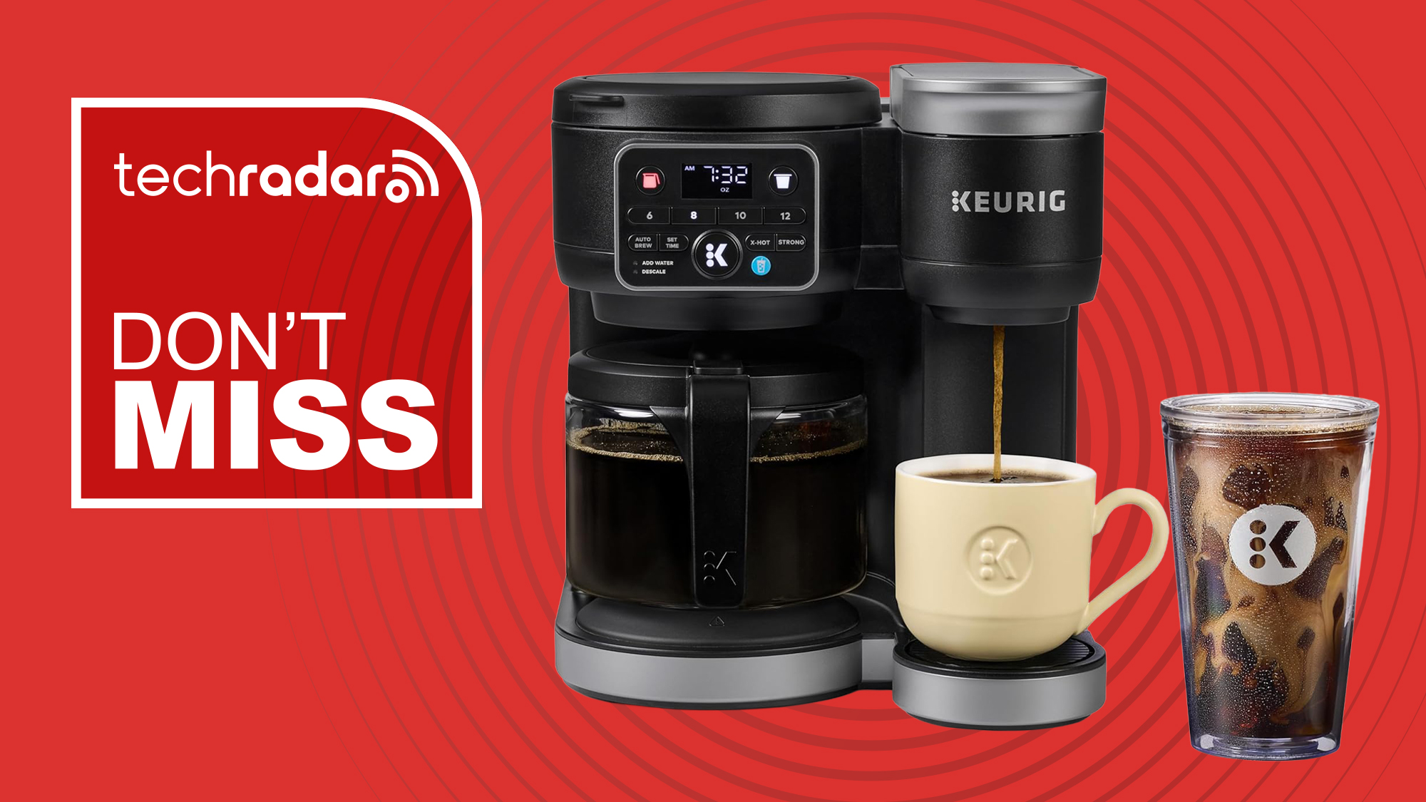 Keurig coffee maker on red background with white text reading &#039;TechRadar don&#039;t miss&#039;