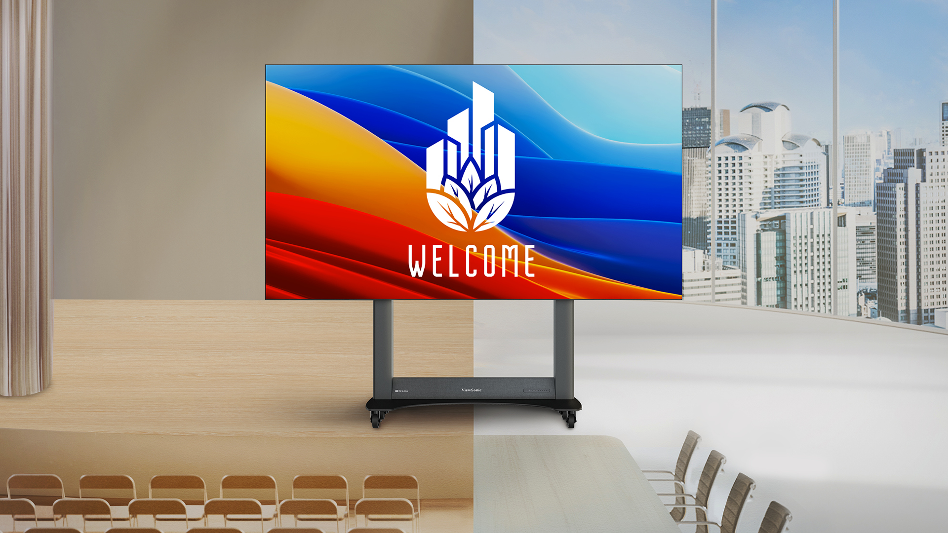 A ViewSonic dvLED display half in a conference room with a cityscape behind it with the other half in an auditorium. 