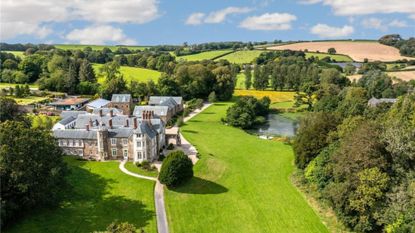 A sprawling countryside scene with a spacious manor property