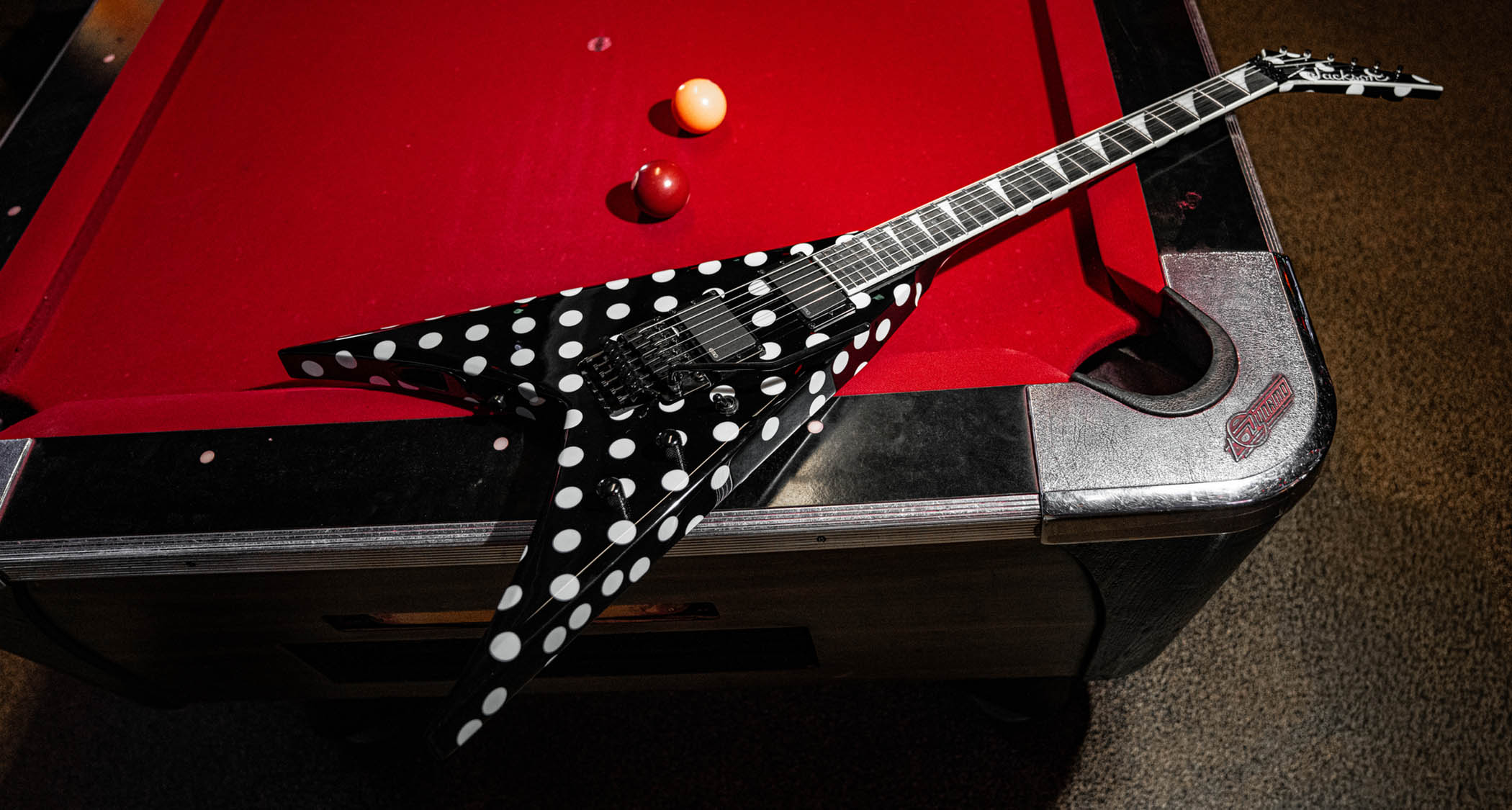 Jackson Pro Series Limited Edition Phil Demmel KV King V: the V-style electric is finished in black-and-white polka dots, and looks good in all settings, against a white background or barroom scene alike.