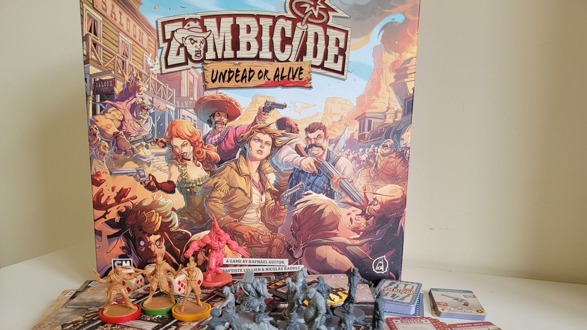 Miniatures, tokens, and cards from Zombicide: Undead or Alive on board tiles