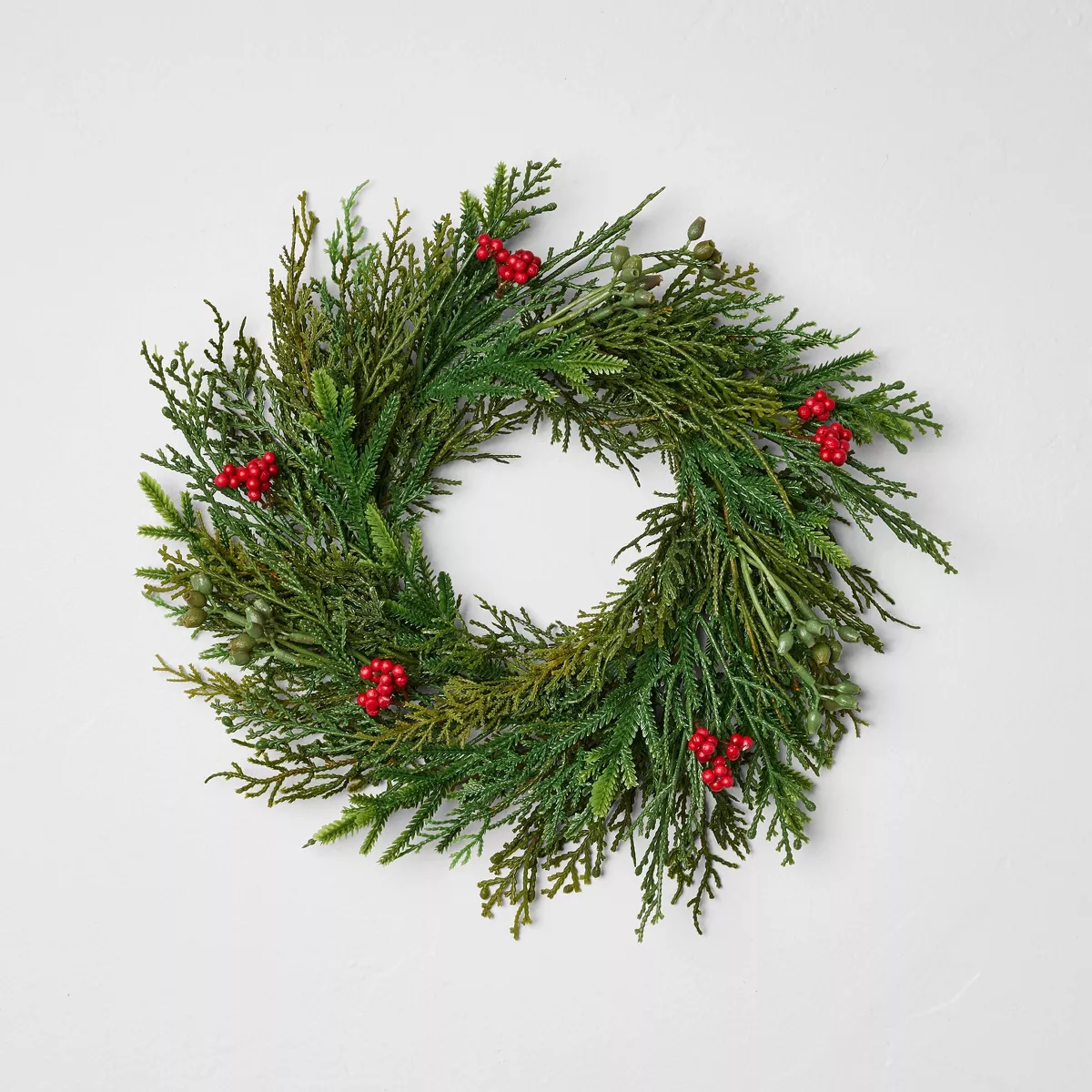 12u0026#34; Mini Cypress and Red Berry Artificial Wreath - Hearth U0026#38; Handu0026#8482; With Magnolia
