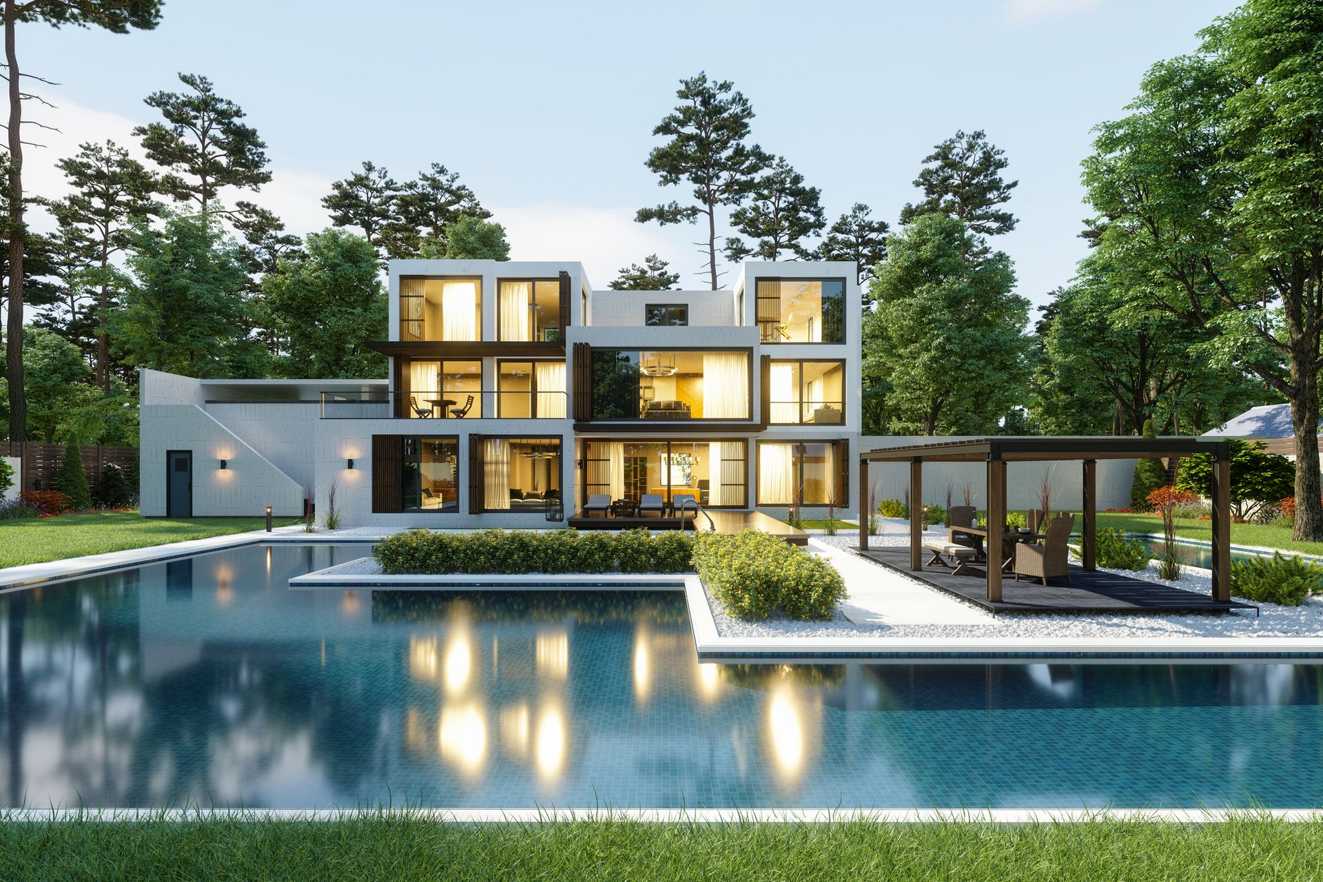 An expensive modern-style home with large windows and a manicured backyard with a large swimming pool and pergola.