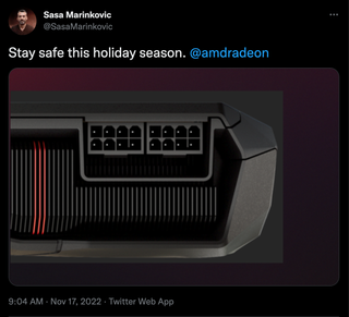 Tweet that reads "Stay safe this holiday season. @amdradeon" and shows AMD's dual 8-pin connectors.