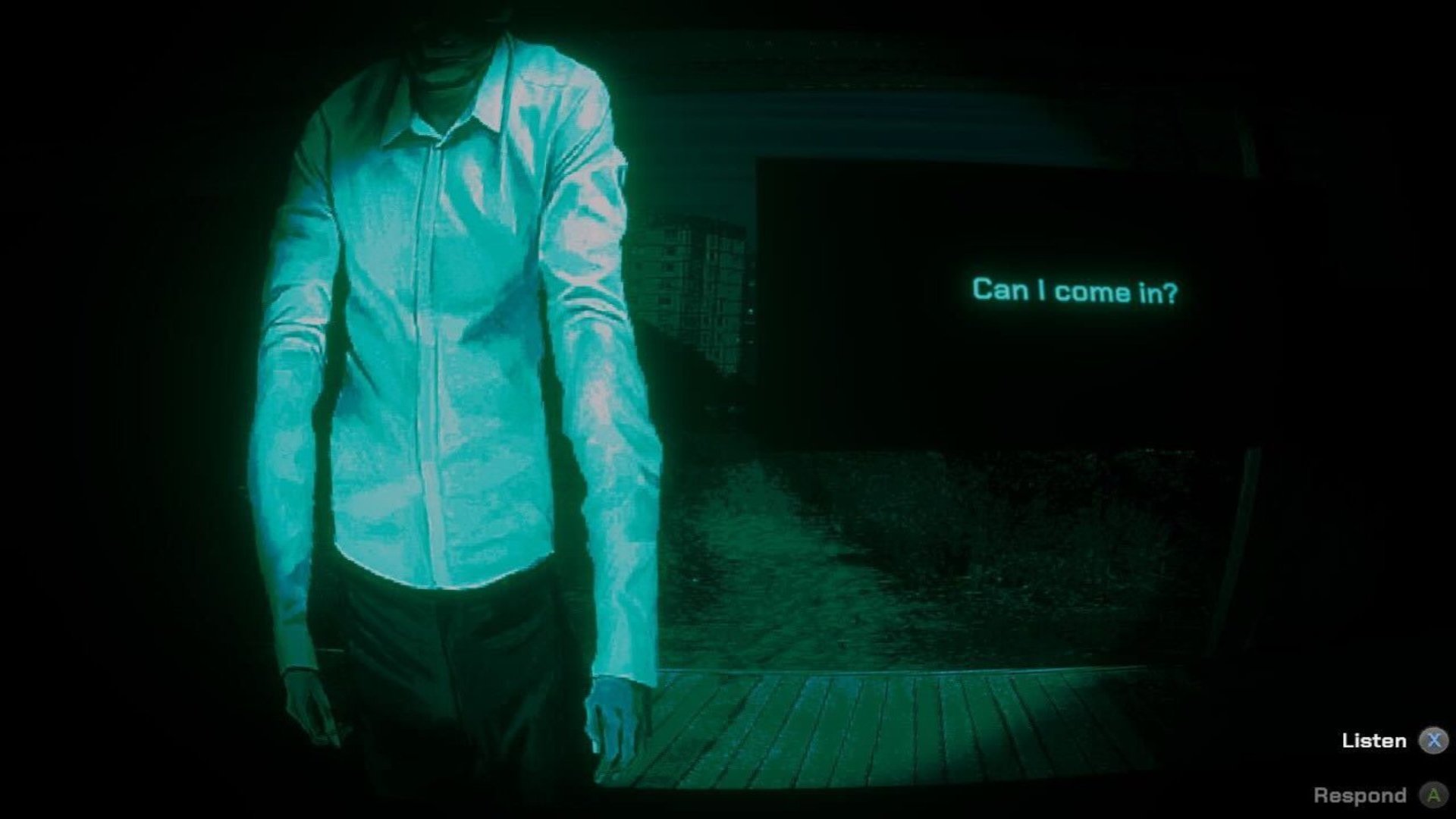 No, I'm Not a Human screenshot of an ominous figure at the door asking if they can come in - their face can't be seen
