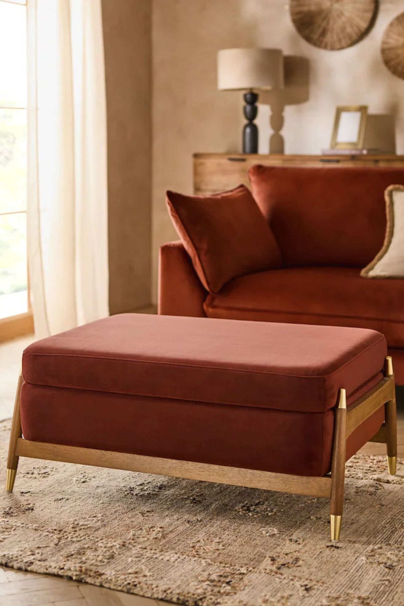 Next, Soft Velvet Rust Brown Flinton Large Wooden Storage Footstool