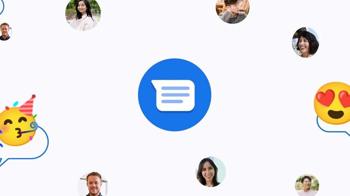 The Google Messages logo in the middle of teh screen, surrounded by pictures of people's faces and message icons with emojis in