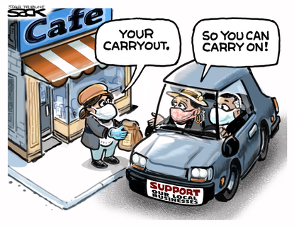 Editorial Cartoon U.S. COVID takeout small business
