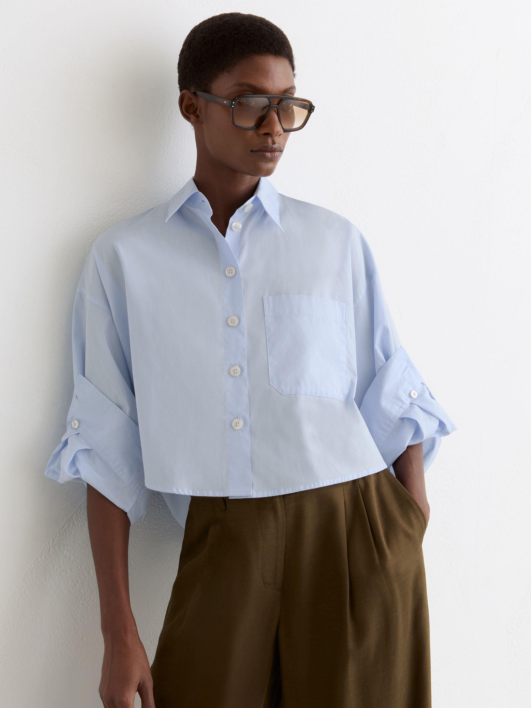 Cotton Cropped Long-Sleeve Shirts in Blue