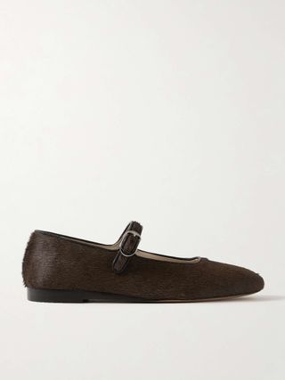 Leather-Trimmed Pony Hair Mary Jane Ballet Flats