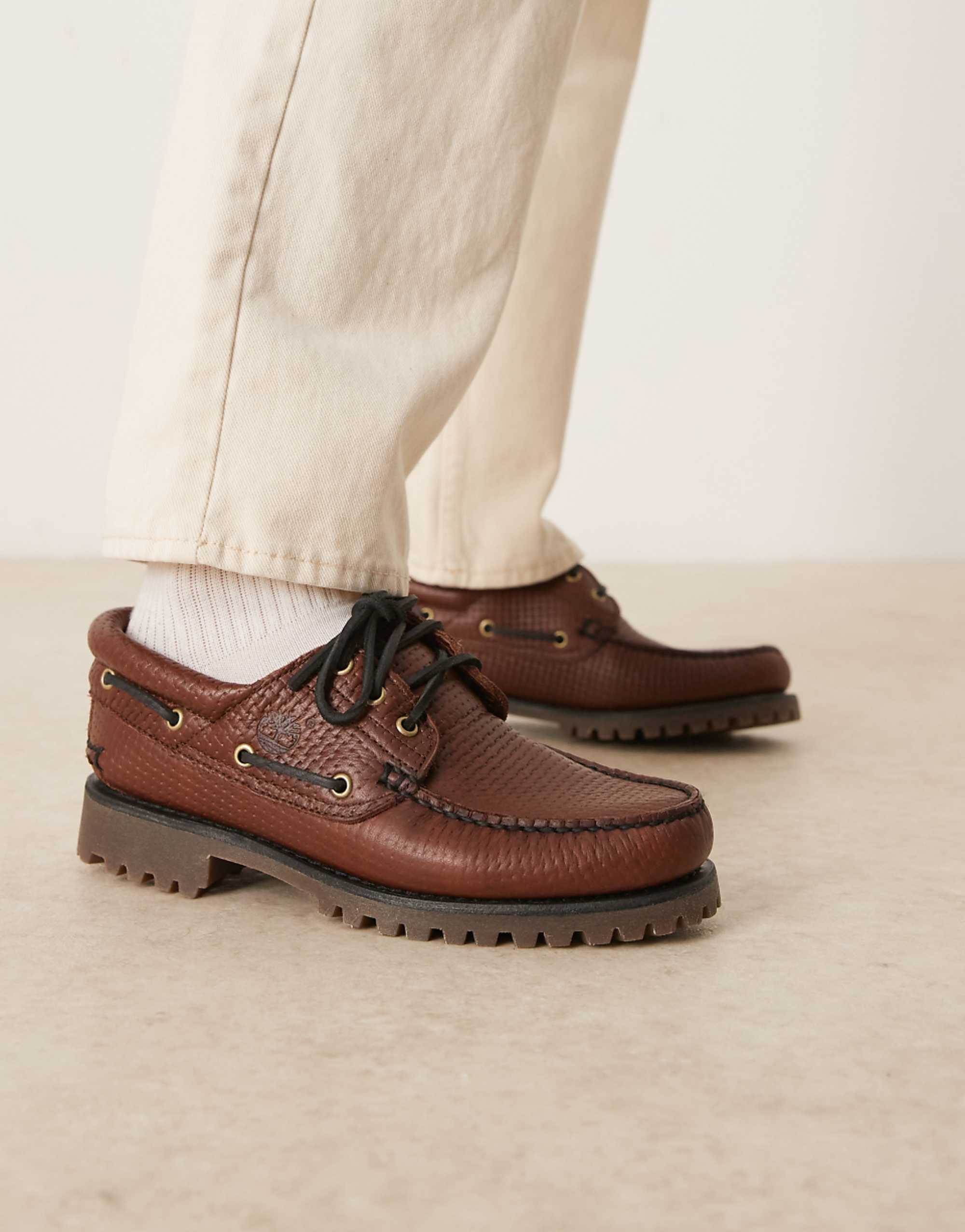Timberland Authentic 3 Eye Classic Boat Shoe in All Over Woven Mid Brown Leather