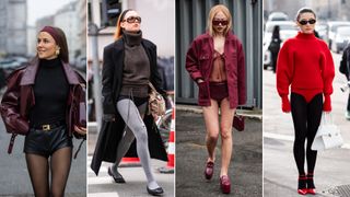 woman wearing the no-pants trend as a spring 2024 street style trend