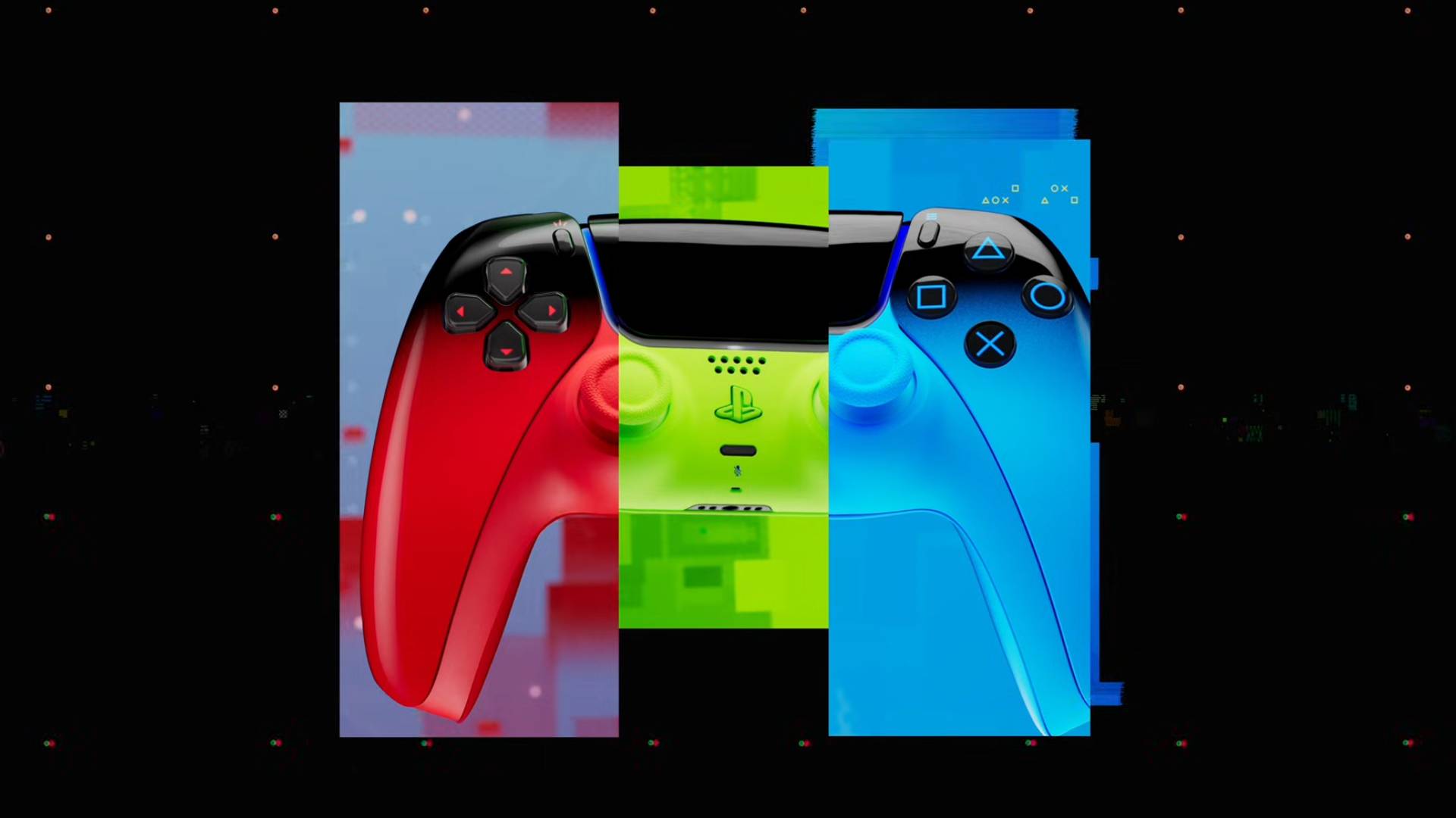 Screenshot from the Sony PlayStation Hyperpop Collection YouTube Video showing all the neon colors across one controller.