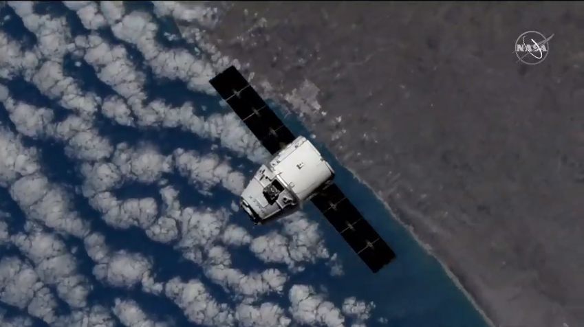 An uncrewed SpaceX Dragon cargo ship makes its second trip to the International Space Station for NASA on the CRS-17 mission in this view captured during rendezvous operations on May 6, 2019.