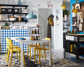 Dining area in shared apartment accommodation in yellow and blue scheme