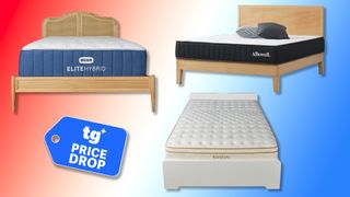 A collage of mattresses against a red, white and blue background. Top left, the Bear Elite Hybrid. Top right, the Allswell Hybrid. Bottom right, the Saatva Classic. Bottom left, a To's Guide Price drop deals badge