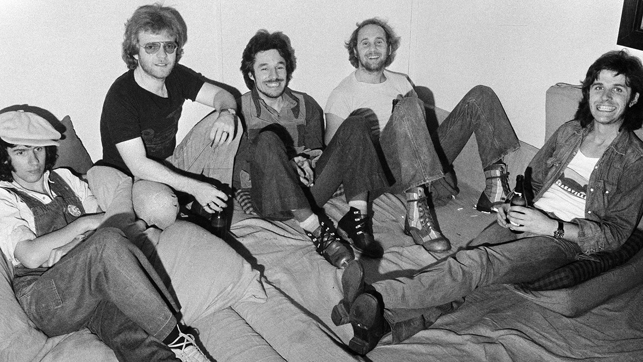ROSKILDE, DENMARK - JULY: (L-R) John "Charlie" Whitney , Rob Townsend, John "Poli" Palmer, Roger Chapman and John Wetton of the group Family pose for a group shot backstage at the Roskilde Festival in 1972 in Denmark. (Photo by Jorgen Angel/Redferns)